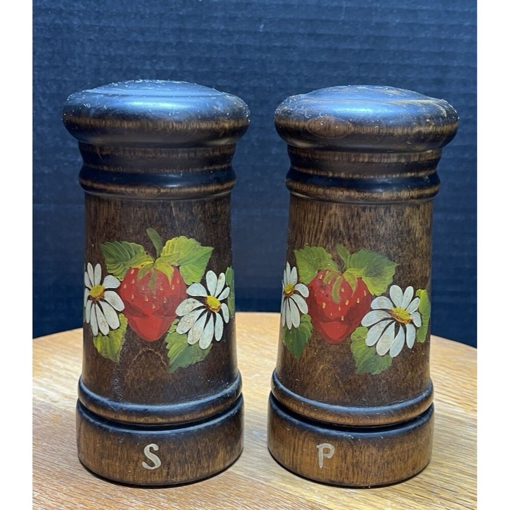 Vtg Hand-Painted 6" Salt Pepper Floral Wooden Shakers Cottagecore Kitchen Decor